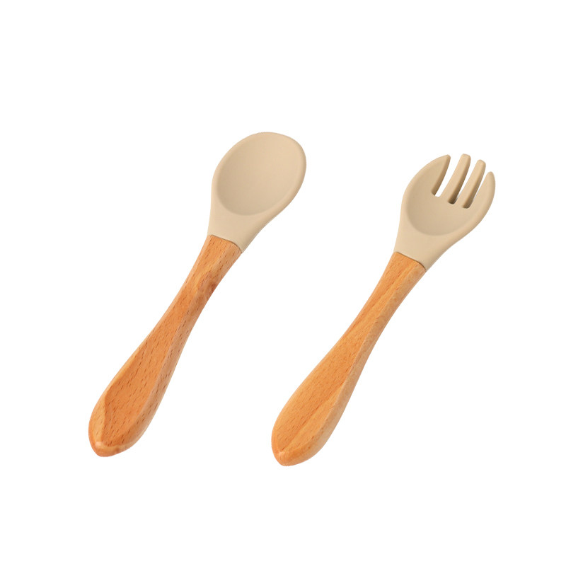 Leafree Hot Sale Food Grade Silicone Baby Spoon Fork with Nature Wooden Handle Set Custom Logo and Color Tableware